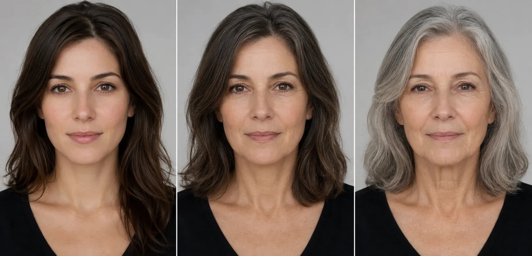 AI aging progression showing the same woman in her 20s, 40s, and 60s