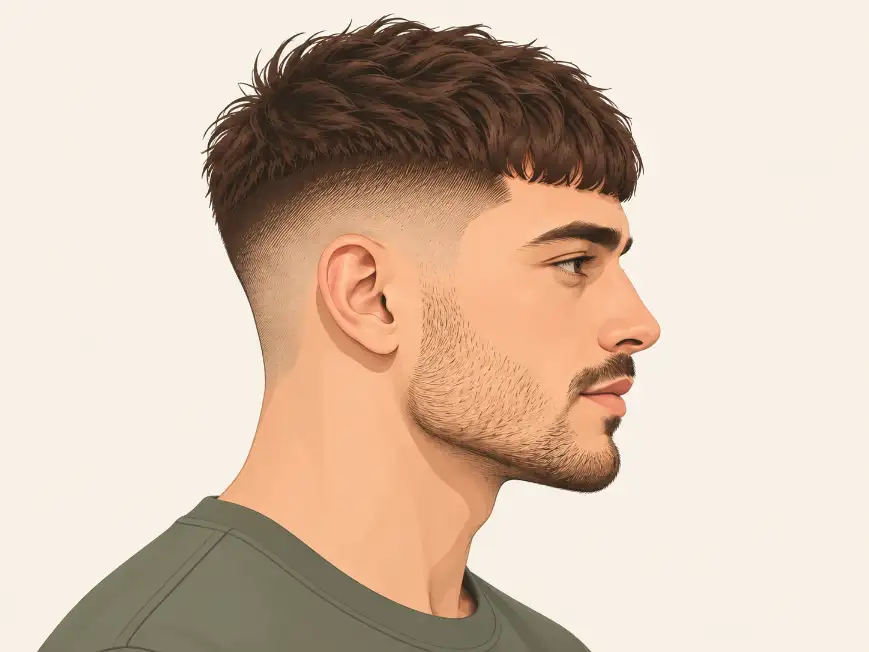 Side profile of a French crop haircut showing faded sides, a short textured top, and a blunt fringe swept forward across the forehead