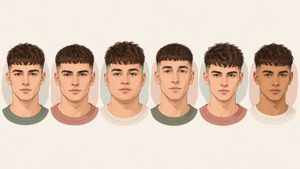 Six front-facing examples of French crop haircuts, showing how fringe weight, texture, and fade height change the finished look