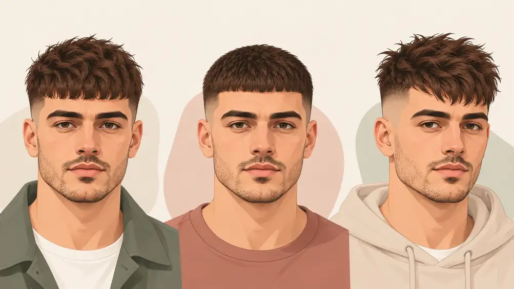 Three men with French crop haircuts, front-facing, illustrating how the same cut reads across different face proportions