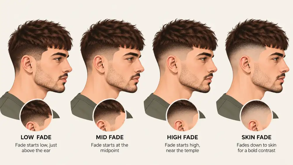 Four fade height options for a French crop fade, labeled low fade, mid fade, high fade, and skin fade, with close-ups of each fade line