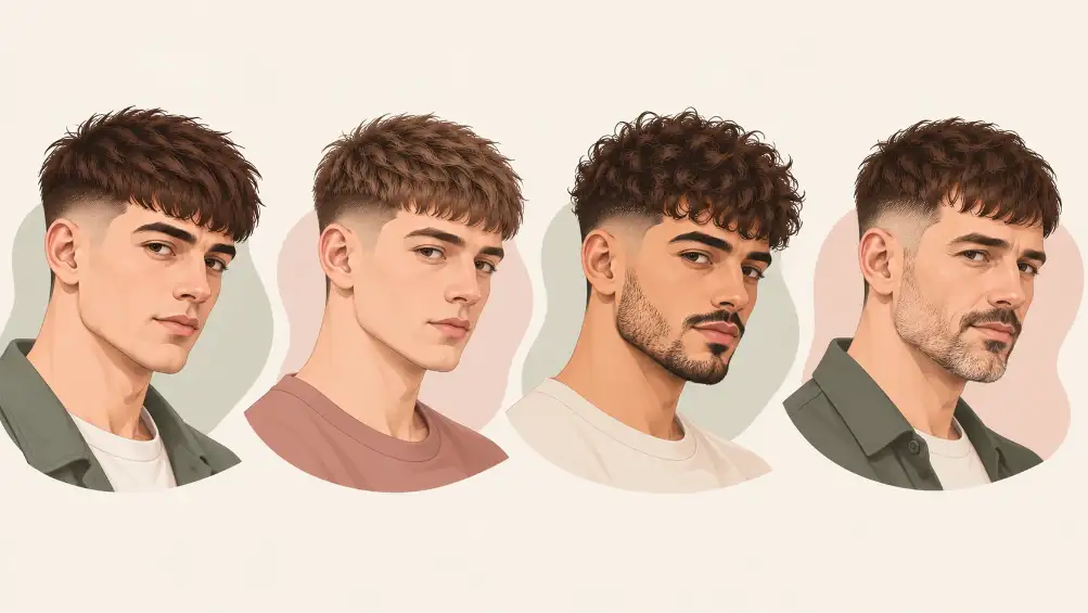 Four French crop haircuts, front-facing, showing different top textures and fringe density