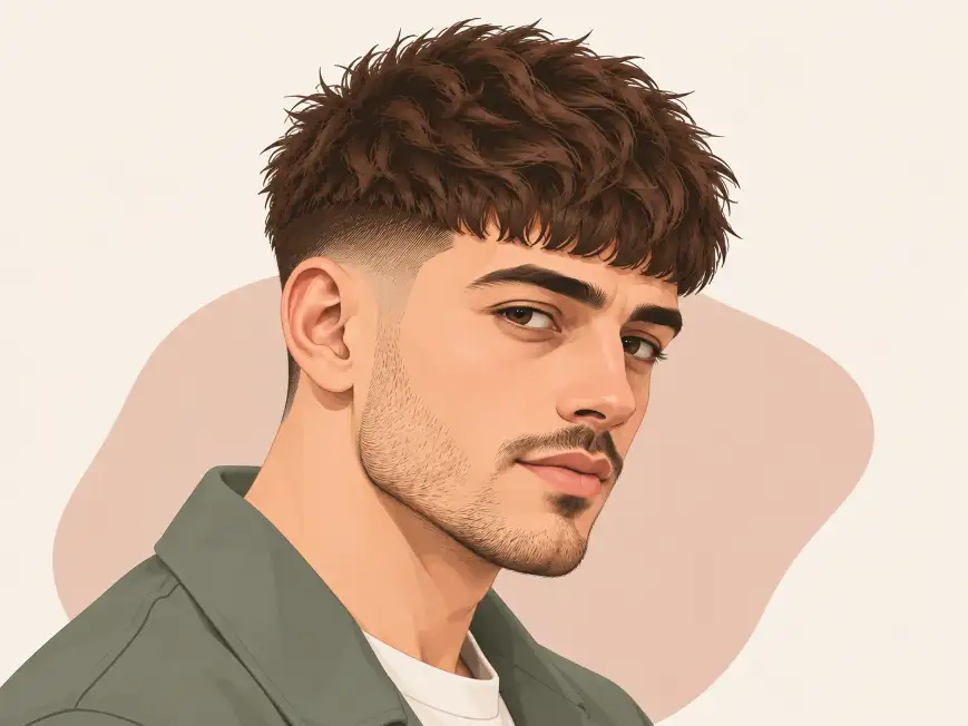 Man with a French crop haircut, short faded sides and a short textured top with a forward-swept fringe