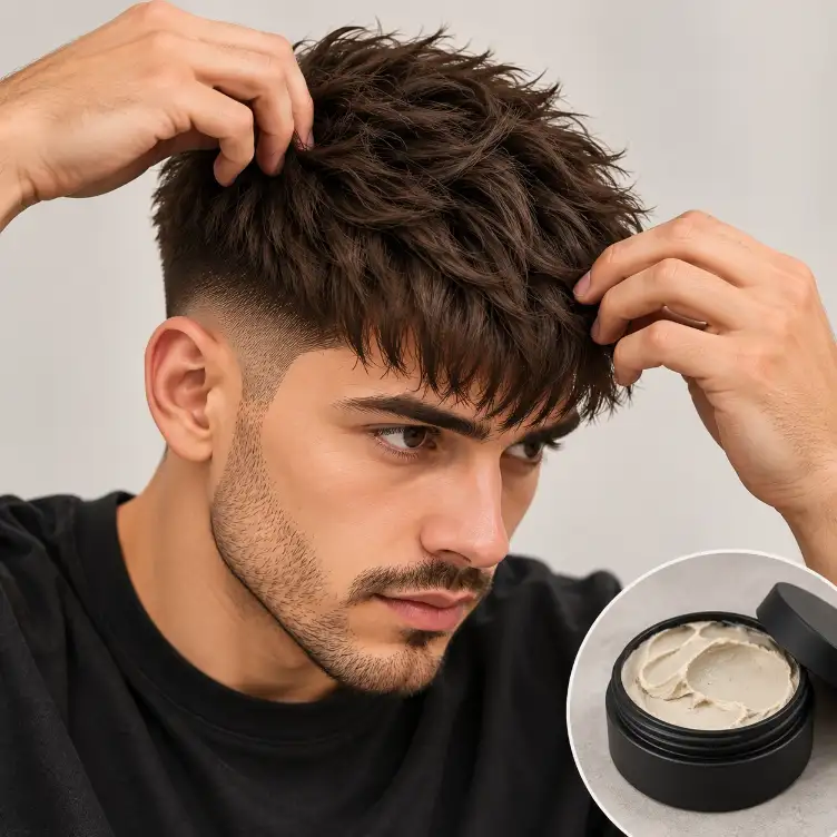 Man applying matte clay styling product to a French crop haircut, working the fringe forward with his fingers
