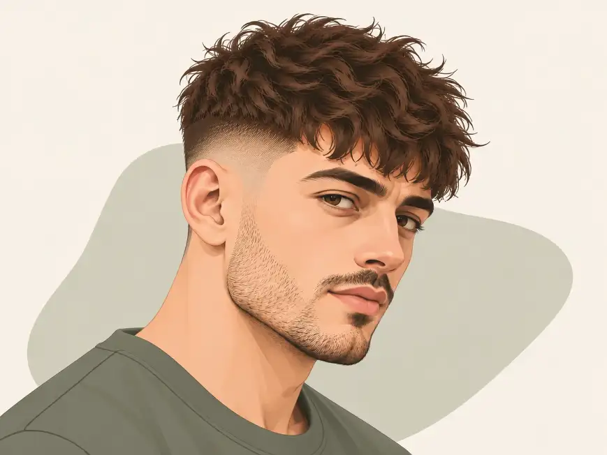 Messy French crop haircut with a looser, curlier fringe rather than a sharp blunt line