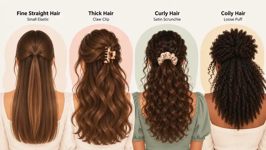 Half-up hairstyle shown on fine straight hair with a small elastic, thick hair with a claw clip, curly hair with a satin scrunchie, and coily hair with a loose puff