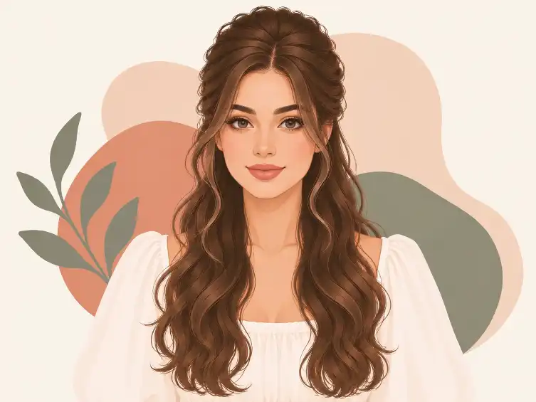Woman with a half-up half-down hairstyle, braided crown section gathered and secured with the rest of her wavy hair left down