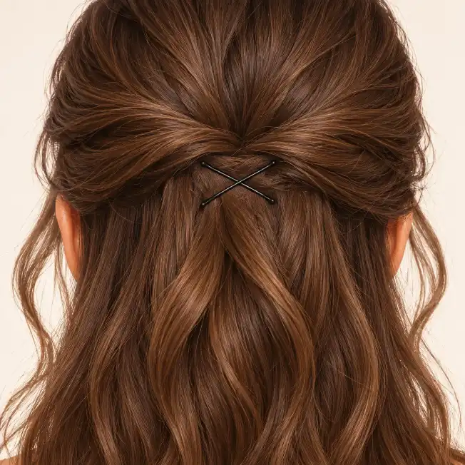 Close-up of two bobby pins crossed in an X pattern underneath the crown section of a half-up hairstyle to prevent slipping