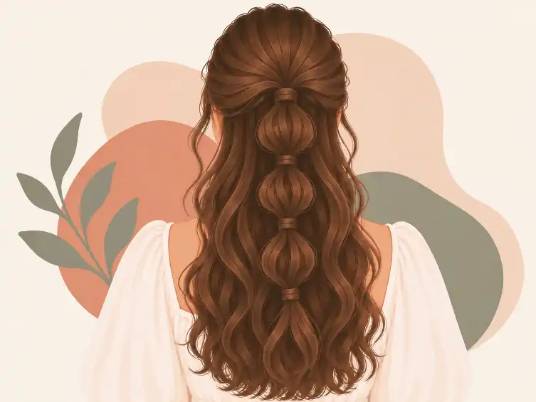 Back view of a bubble half-up hairstyle with the ponytail sectioned into rounded bubble shapes down its length