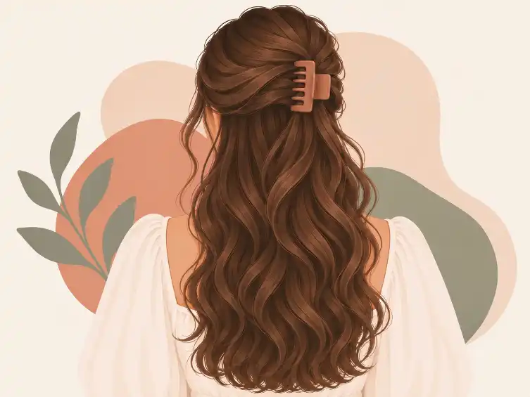 Back view of a half-up hairstyle secured at the crown with a claw clip, wavy hair left down