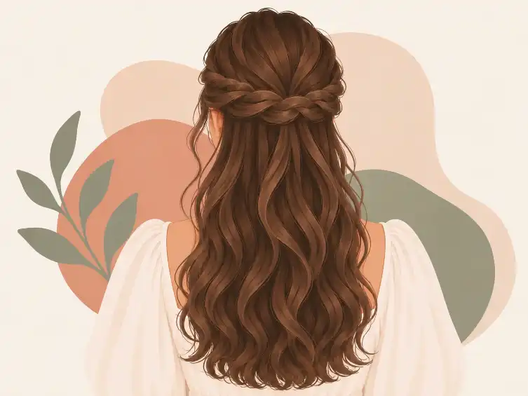 Back view of a twisted half-up hairstyle with two twisted sections meeting at the crown