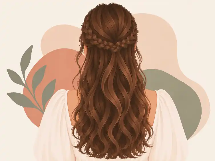 Back view of a half-up hairstyle with a braid running across the crown above wavy hair left down