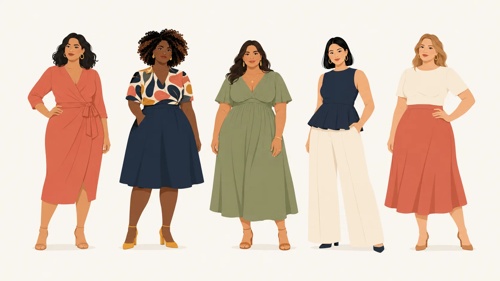 Illustration of five women in outfits suited to their body types — hourglass, pear, apple, rectangle and inverted triangle