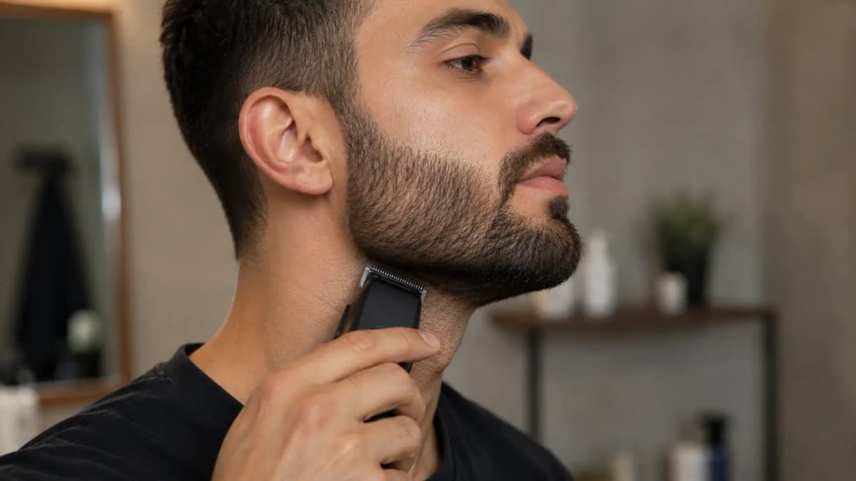Man trimming his beard cheek line with an electric clipper, side profile