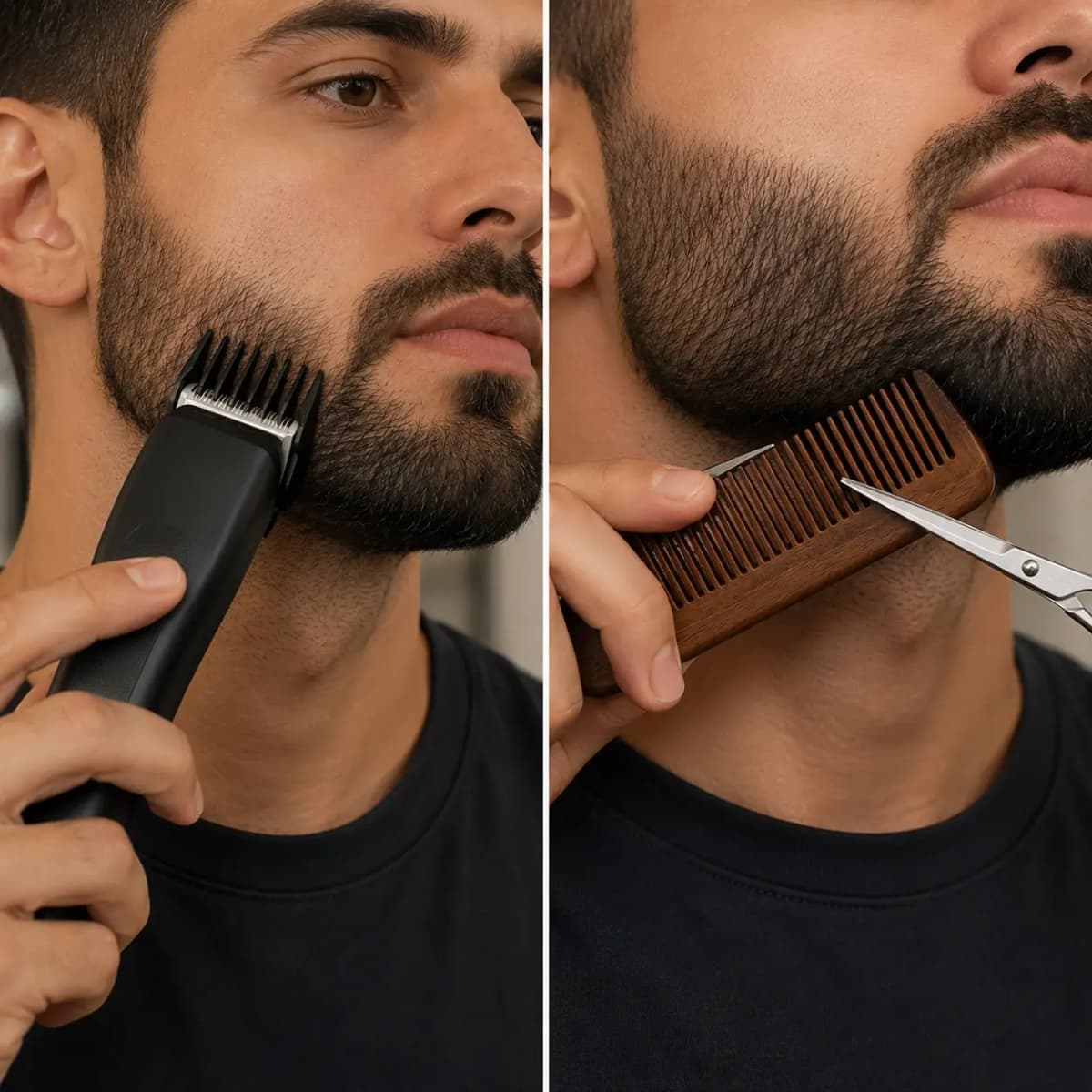 Side-by-side comparison: trimming a beard with a guarded clipper versus scissor-over-comb technique with a wooden comb