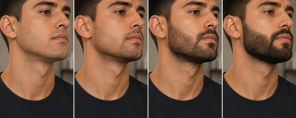 Four side-by-side stages of beard growth, from clean-shaven to a full trimmed beard, illustrating trim maintenance over time
