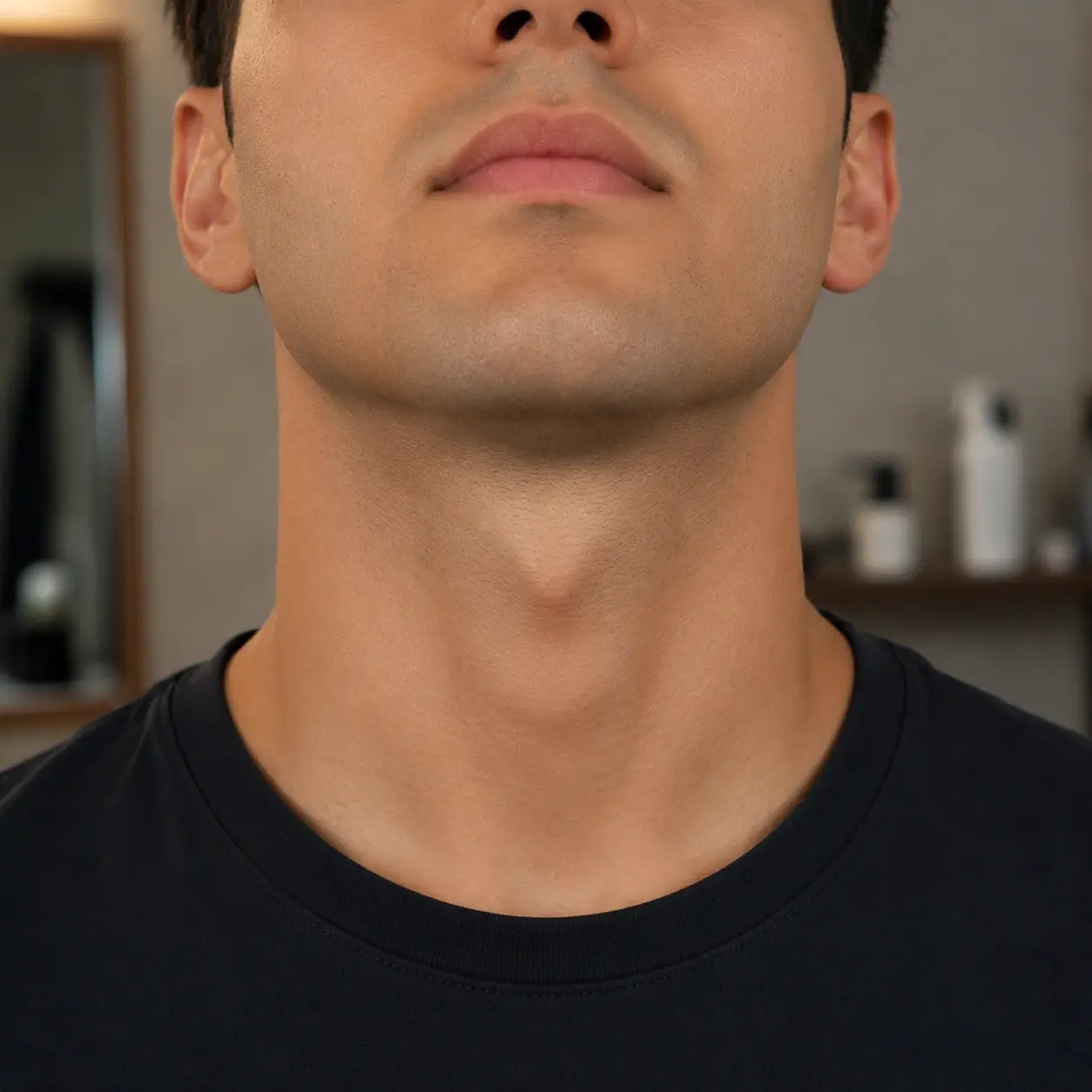 Close-up front view of a clean-shaven neck and jawline, showing where the beard neckline should be placed
