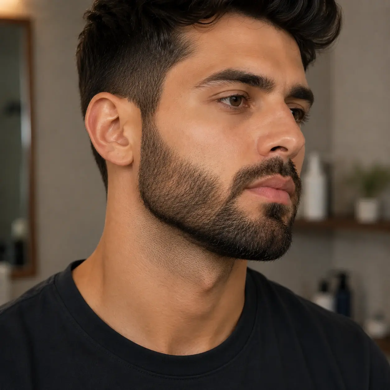 Man with an evenly trimmed full beard shown in side profile, an example of a finished, even trim