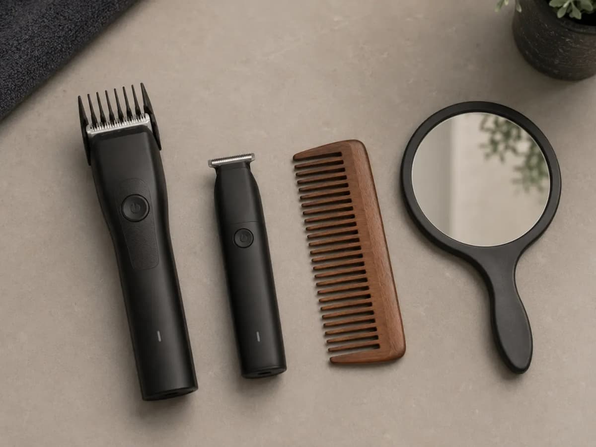 Beard grooming tools flat lay: clipper with guard attached, detail trimmer, wooden wide-tooth comb, and hand mirror