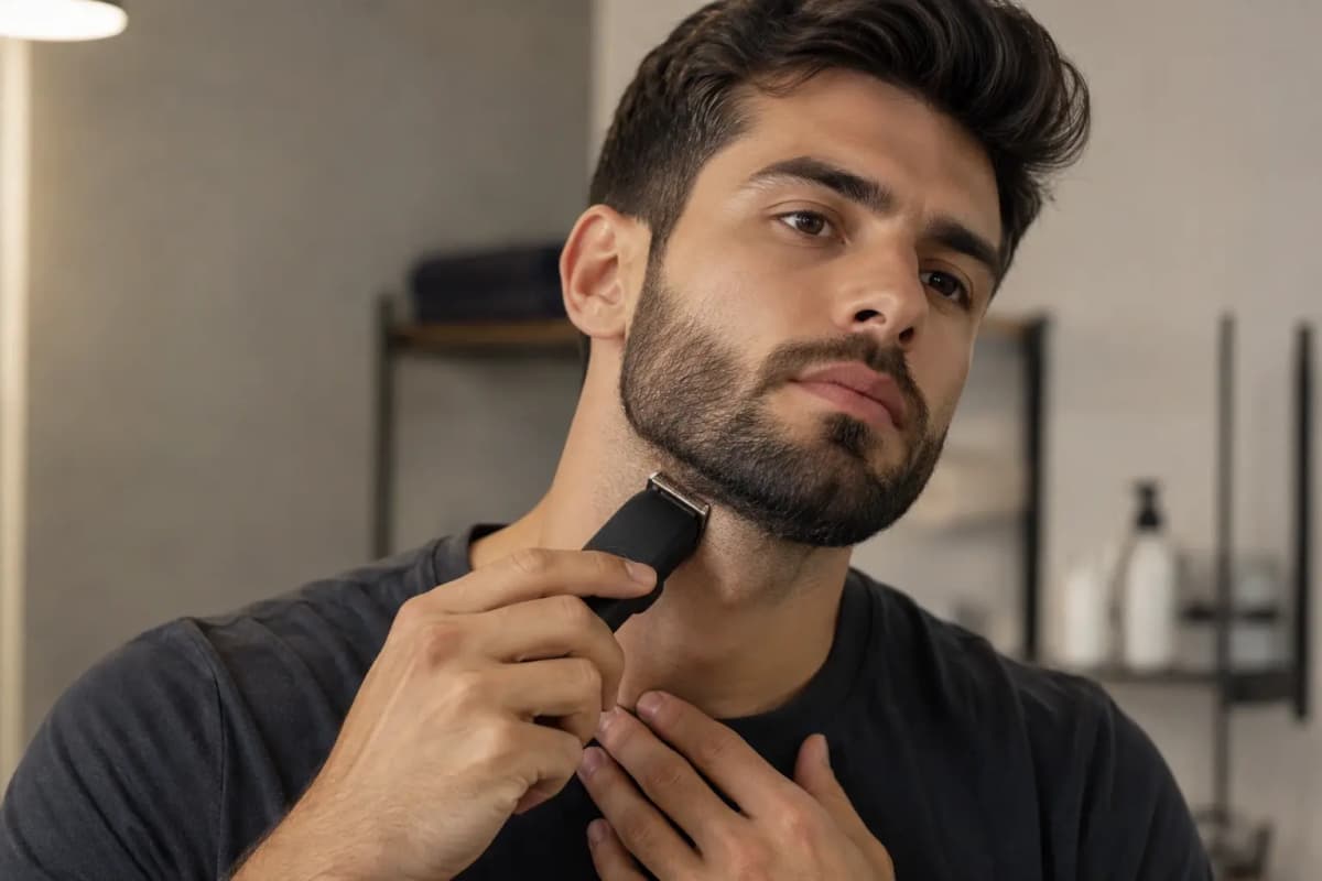 Man trimming his beard neckline with an electric clipper, viewed from the front