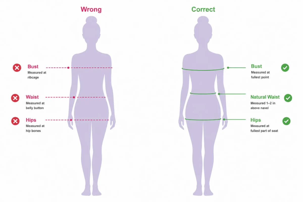 Correct versus incorrect bust, waist and hip measurement positions