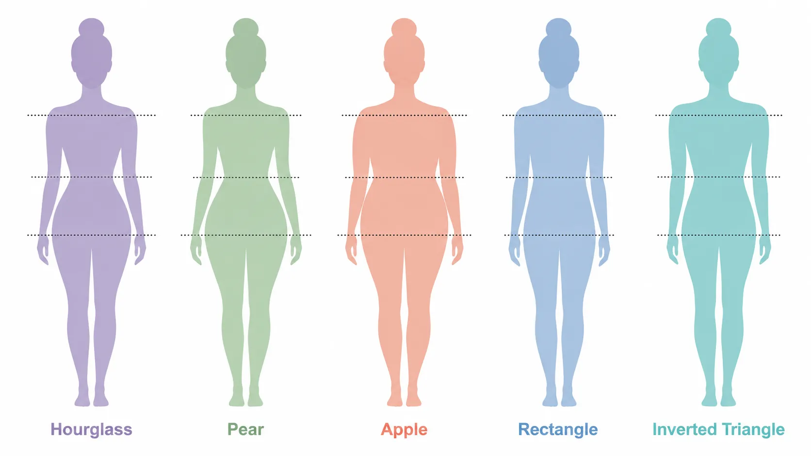 Female body types chart comparing hourglass, pear, apple, rectangle and inverted triangle silhouettes