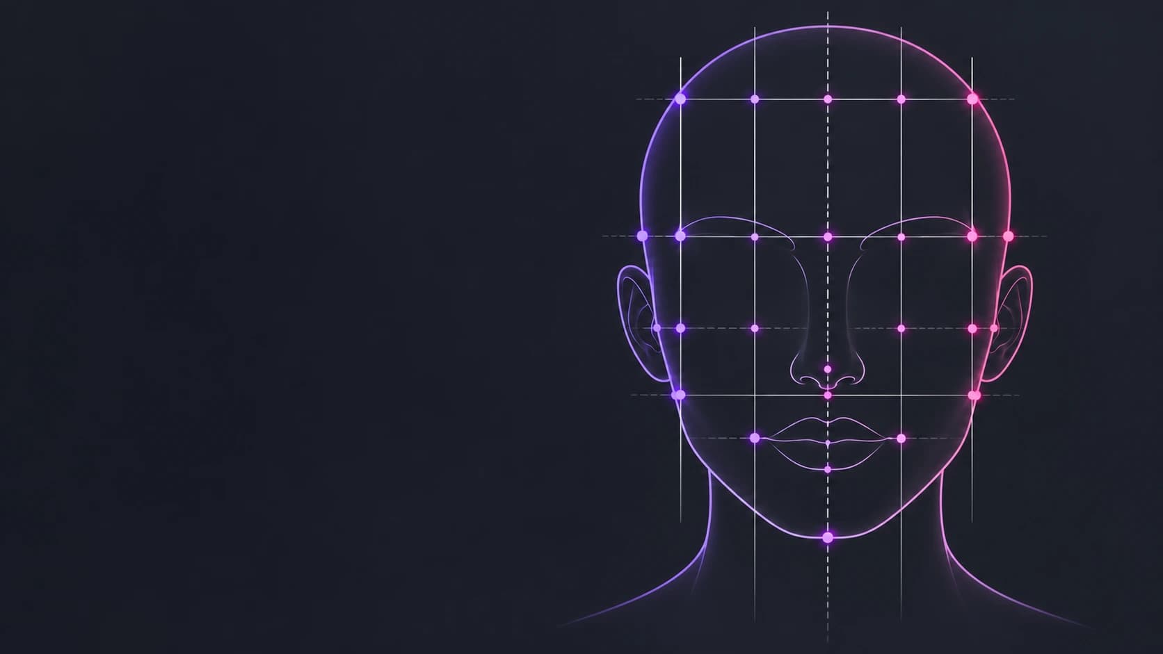 Illustration of a face with a measurement grid, facial thirds, fifths, and a symmetry axis overlay