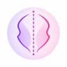 Two mirrored curved shapes split by a dashed vertical axis, representing facial symmetry