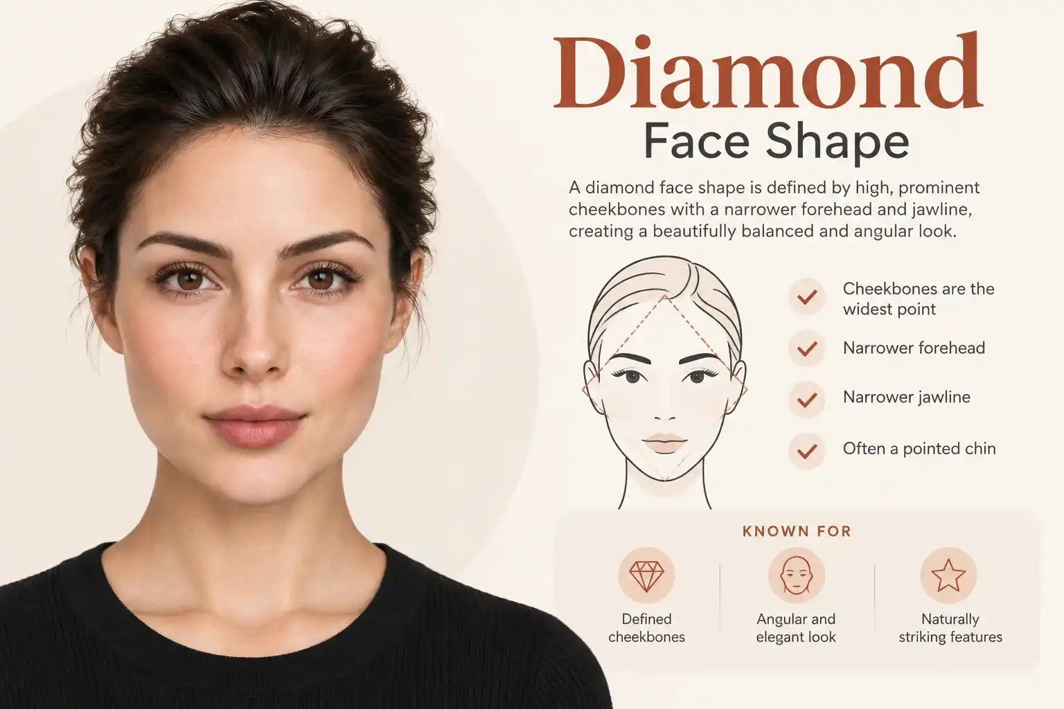 Diamond face shape infographic: a woman with a diamond face next to a labeled diagram and checklist reading "A diamond face shape is defined by high, prominent cheekbones with a narrower forehead and jawline, creating a beautifully balanced and angular look" — traits listed as cheekbones as the widest point, narrower forehead, narrower jawline, and often a pointed chin; known for defined cheekbones, an angular and elegant look, and naturally striking features.