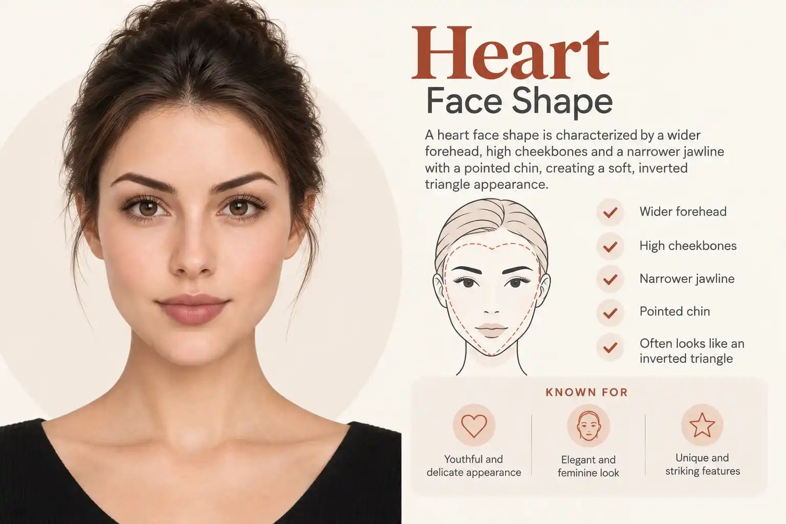Heart face shape infographic: a woman with a heart face next to a labeled diagram and checklist reading "A heart face shape is characterized by a wider forehead, high cheekbones and a narrower jawline with a pointed chin, creating a soft, inverted triangle appearance" — traits listed as wider forehead, high cheekbones, narrower jawline, pointed chin, and often looking like an inverted triangle; known for a youthful and delicate appearance, an elegant and feminine look, and unique, striking features.