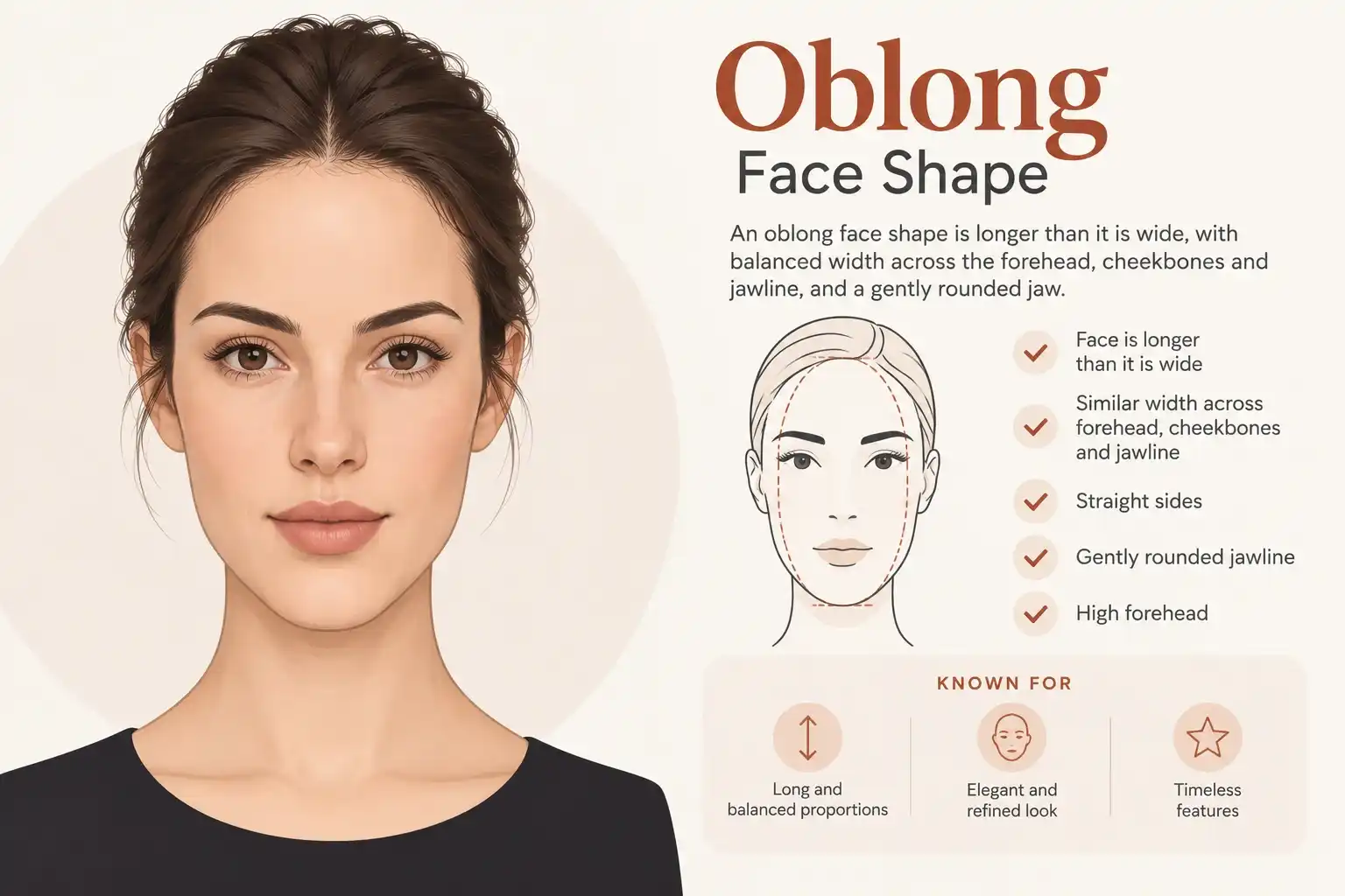 Oblong face shape infographic: a woman with an oblong face next to a labeled diagram and checklist reading "An oblong face shape is longer than it is wide, with balanced width across the forehead, cheekbones and jawline, and a gently rounded jaw" — traits listed as face longer than it is wide, similar width across forehead/cheekbones/jawline, straight sides, gently rounded jawline, and high forehead; known for long and balanced proportions, an elegant and refined look, and timeless features.