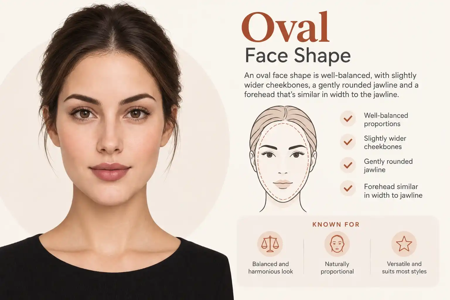 Oval face shape infographic: a woman with an oval face next to a labeled diagram and checklist reading "An oval face shape is well-balanced, with slightly wider cheekbones, a gently rounded jawline and a forehead that's similar in width to the jawline" — traits listed as well-balanced proportions, slightly wider cheekbones, gently rounded jawline, and forehead similar in width to jawline; known for a balanced and harmonious look, naturally proportional features, and being versatile and suiting most styles.