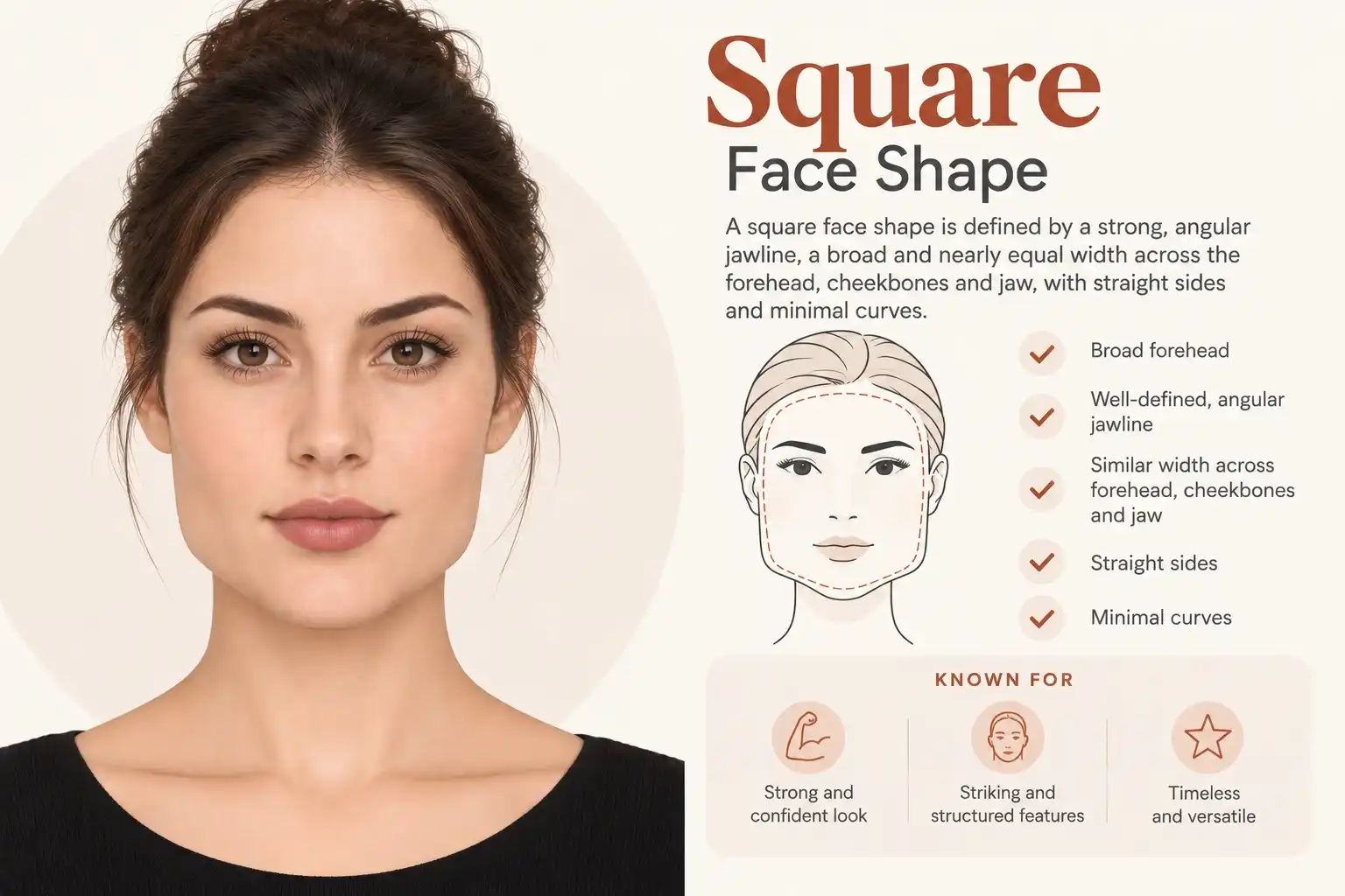 Square face shape infographic: a woman with a square face next to a labeled diagram and checklist reading "A square face shape is defined by a strong, angular jawline, a broad and nearly equal width across the forehead, cheekbones and jaw, with straight sides and minimal curves" — traits listed as broad forehead, well-defined angular jawline, similar width across forehead/cheekbones/jaw, straight sides, and minimal curves; known for a strong and confident look, striking and structured features, and being timeless and versatile.