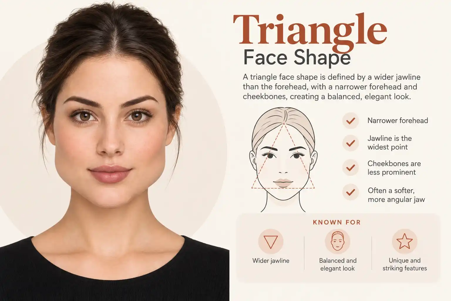 Triangle face shape infographic: a woman with a triangle face next to a labeled diagram and checklist reading "A triangle face shape is defined by a wider jawline than the forehead, with a narrower forehead and cheekbones, creating a balanced, elegant look" — traits listed as narrower forehead, jawline as the widest point, less prominent cheekbones, and often a softer, more angular jaw; known for a wider jawline, a balanced and elegant look, and unique, striking features.