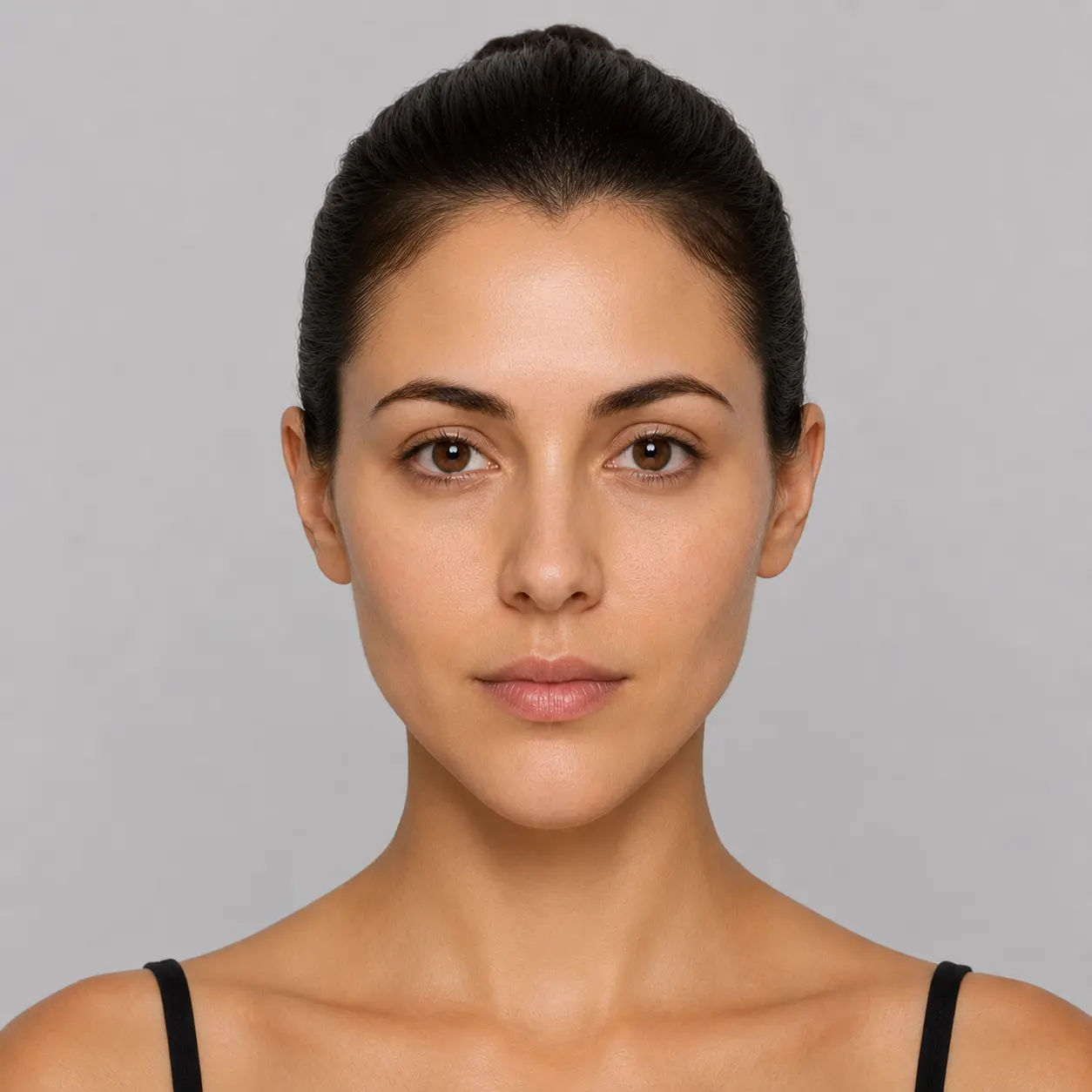 Heart face shape example on a woman with hair pulled back