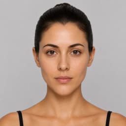 Heart face shape example on a woman with hair pulled back