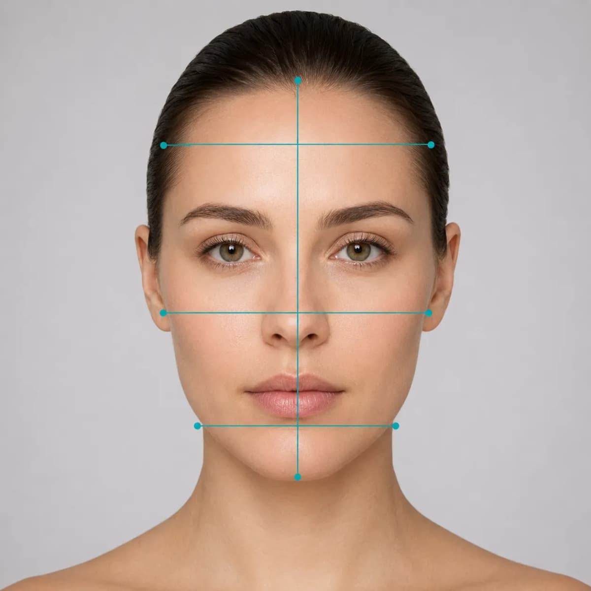 Face shape measurement lines showing forehead, cheekbone and jaw widths plus face length