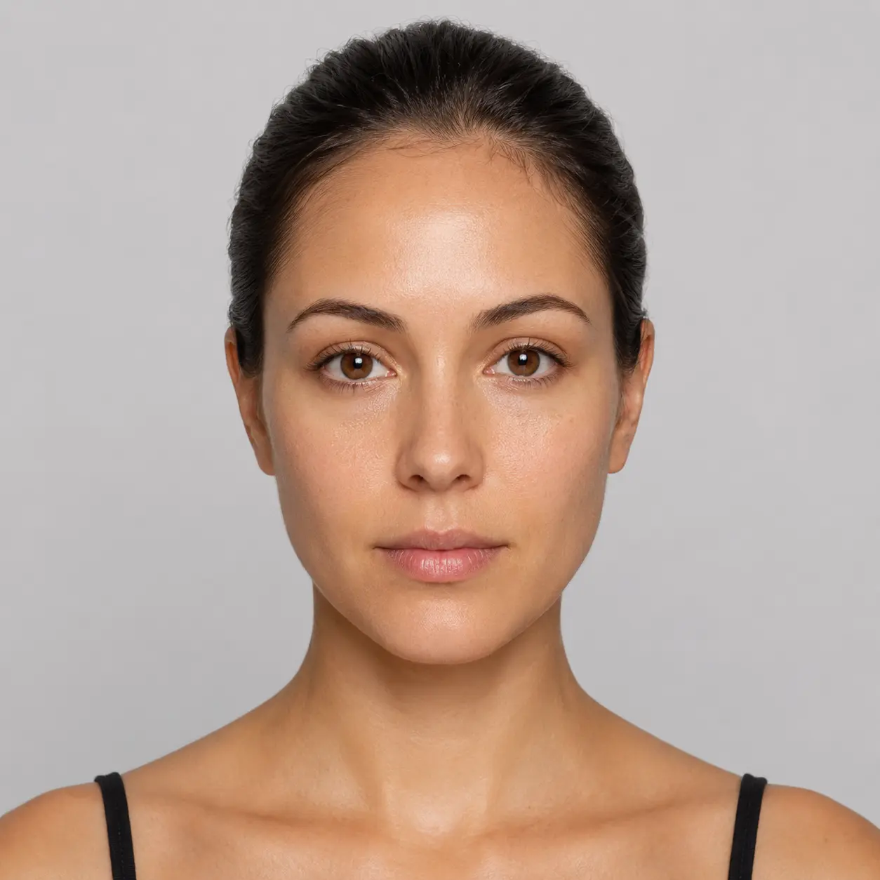 Oval face shape example on a woman with hair pulled back