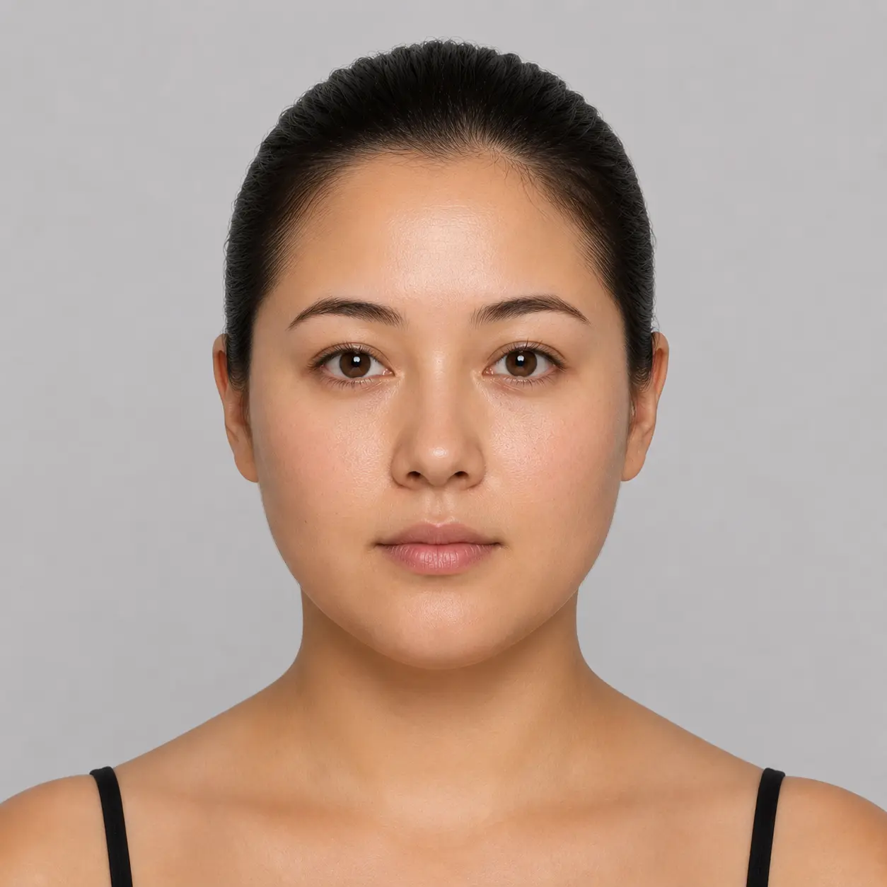 Round face shape example on a woman with hair pulled back