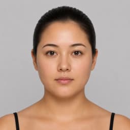 Round face shape example on a woman with hair pulled back