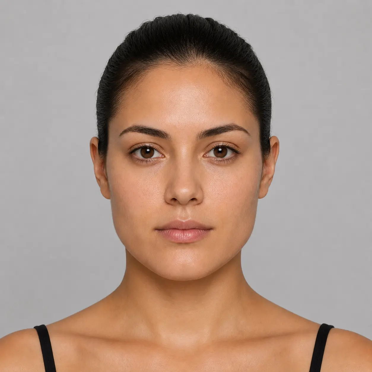 Square face shape example on a woman with hair pulled back