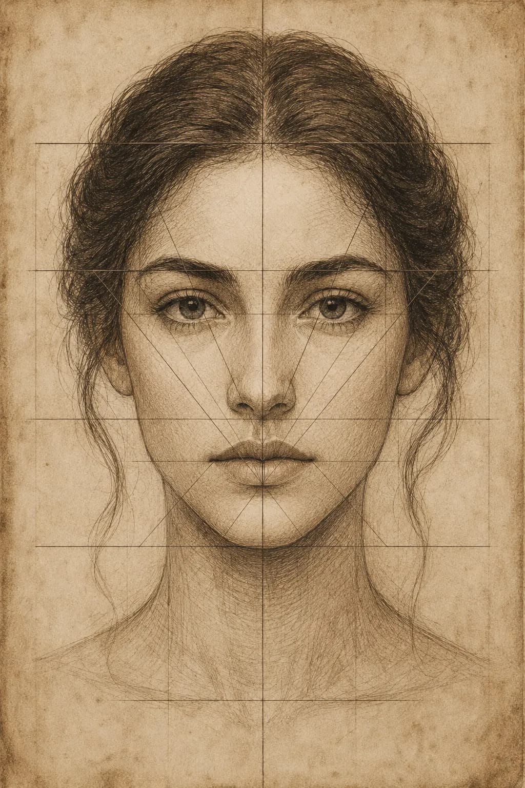Classical pencil sketch of a front-facing face with golden ratio proportion grid