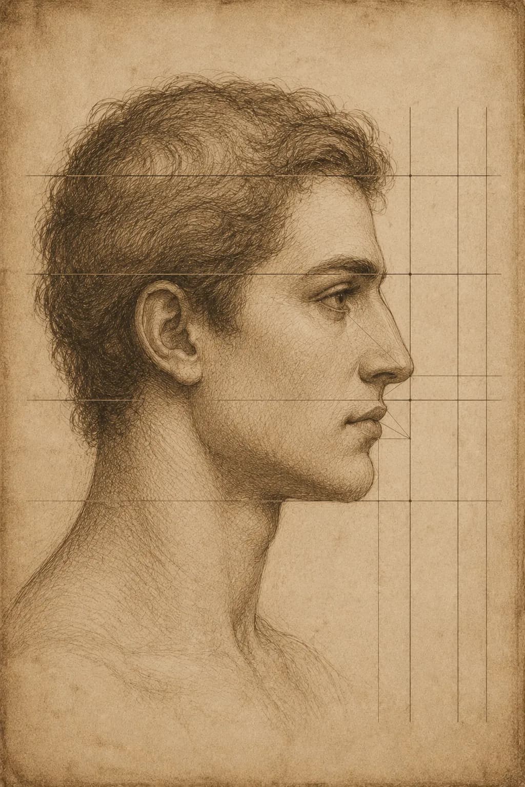 Classical pencil sketch of a profile face with golden ratio proportion grid