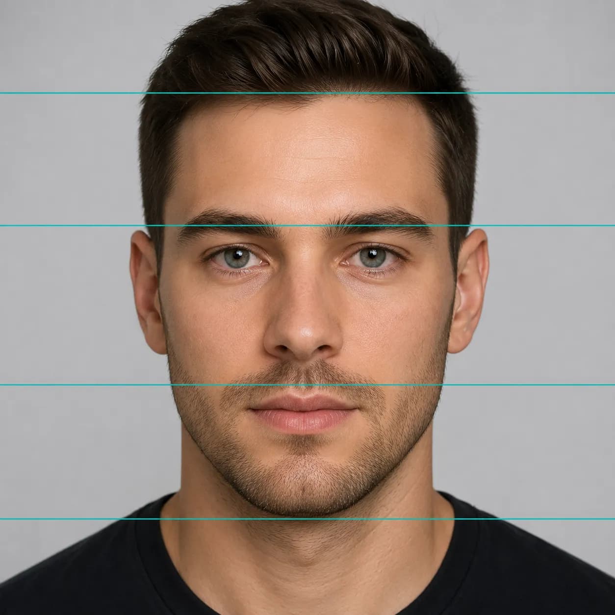 Facial thirds diagram showing three equal horizontal face zones on a man's face