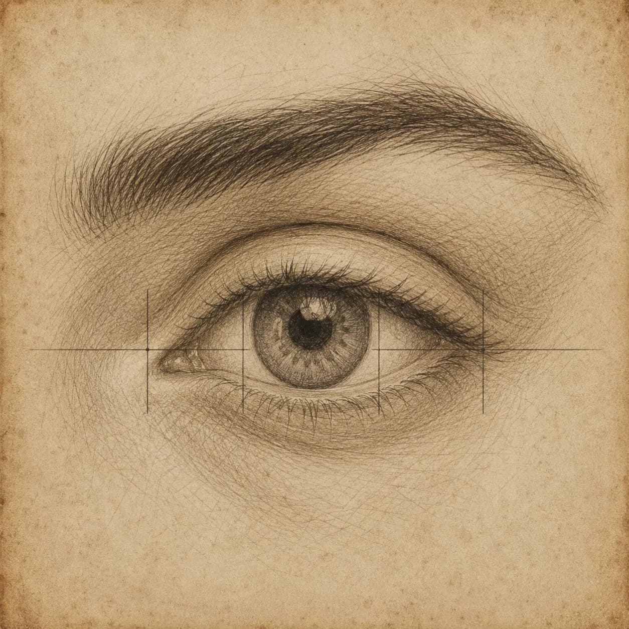 Close-up pencil sketch of an eye with golden ratio measurement grid overlay