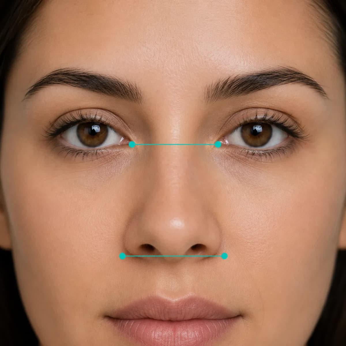 Golden ratio measurement lines comparing inner eye span to nose width