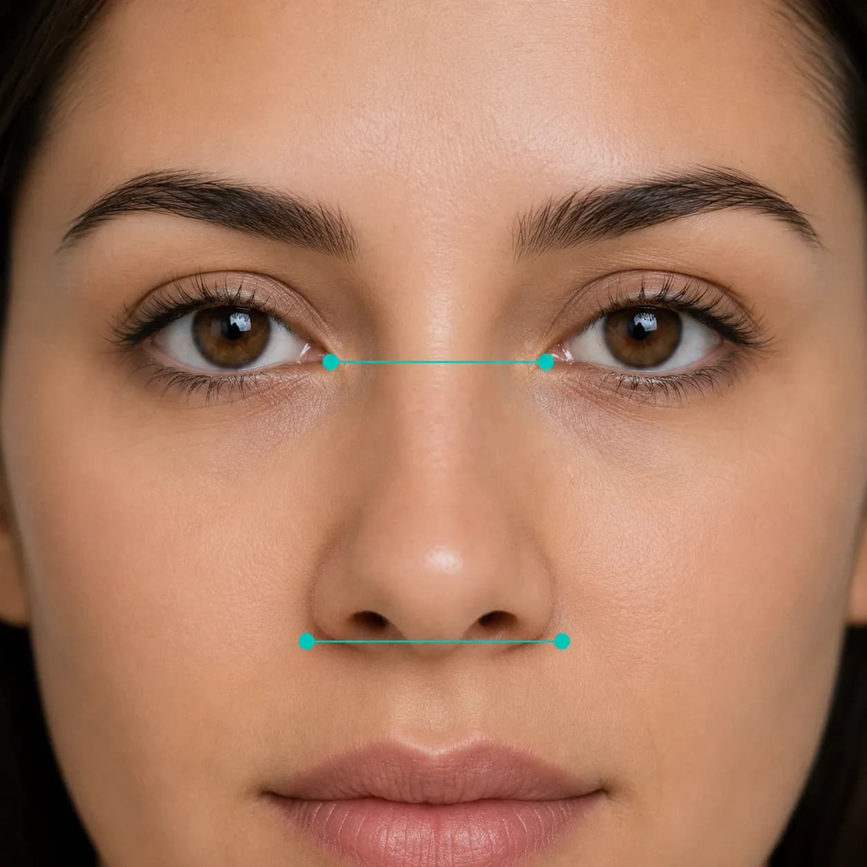 Golden ratio measurement lines comparing inner eye span to nose width