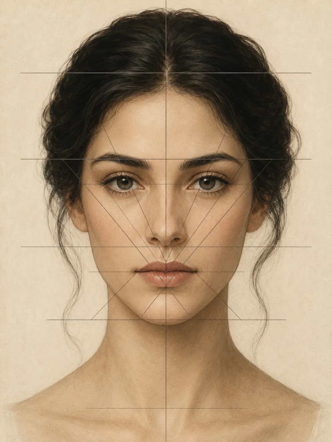 Front-facing illustrated face with golden ratio proportion grid overlay