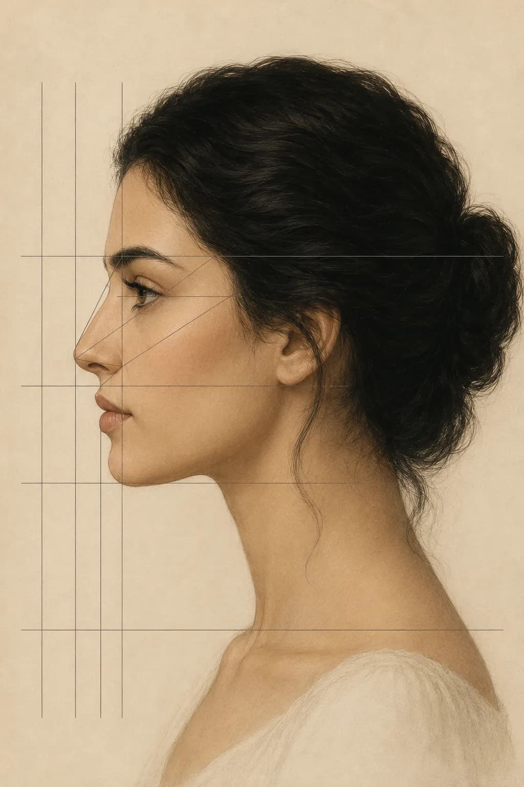 Side profile face with golden ratio proportion grid overlay