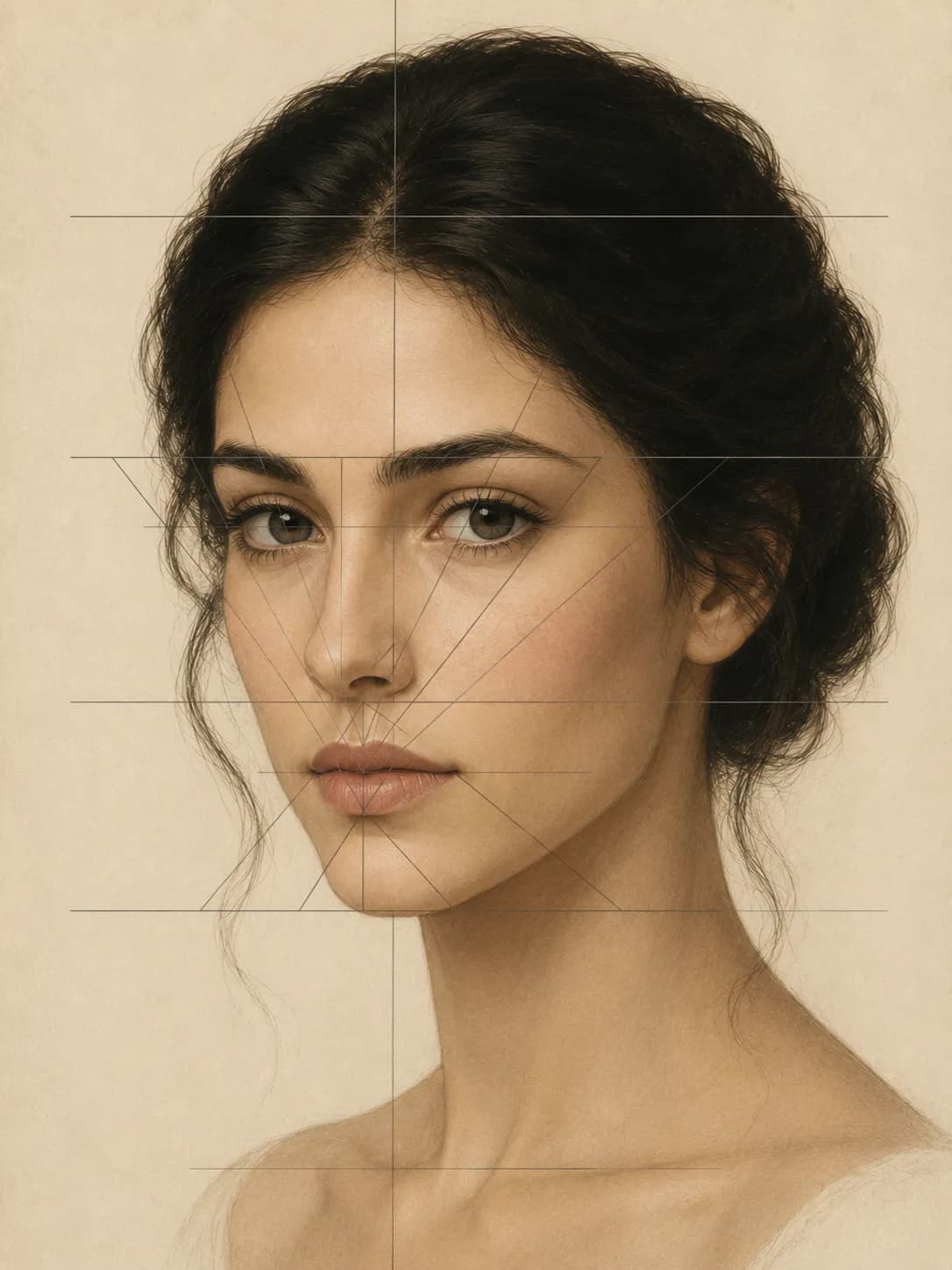 Three-quarter angle face with golden ratio proportion grid